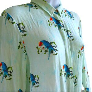 SiLK Alice + Olivia Parrot Shirt Mint Green Hidden Button Panel Collared Stretch